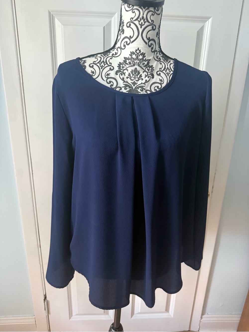 Classic Navy Long-Sleeve Pleat Front Women’s Top